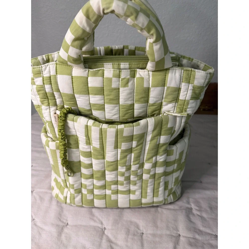 BEIS Elsa Hosk Quilted Diaper Backpack Green White Checkered with Changing Mat